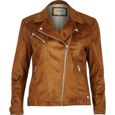 Brown faux suede biker jacket